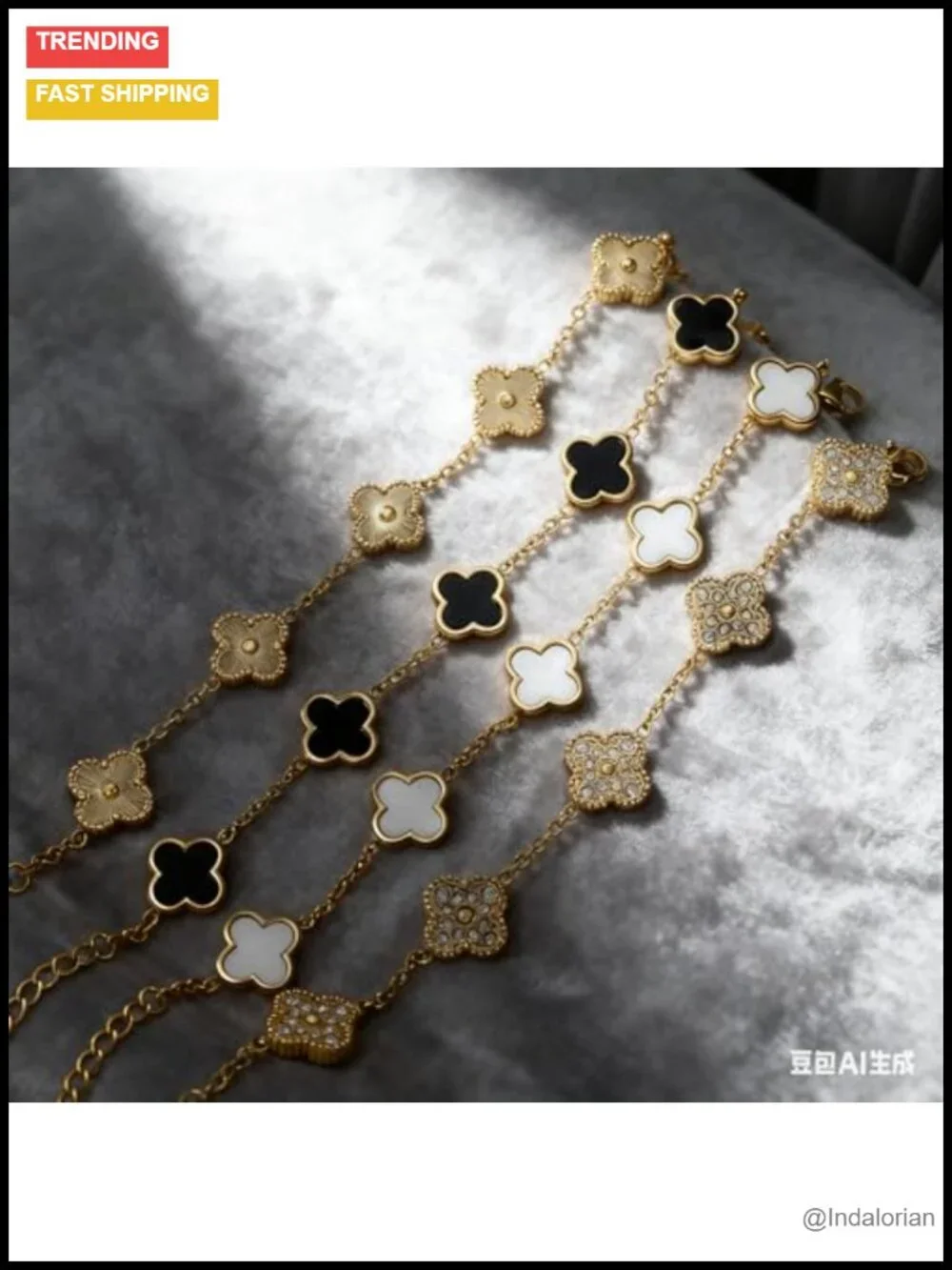 18K Gold Plated Stainless Steel Four Leaf Clover Link Bracelet Set Adjustable